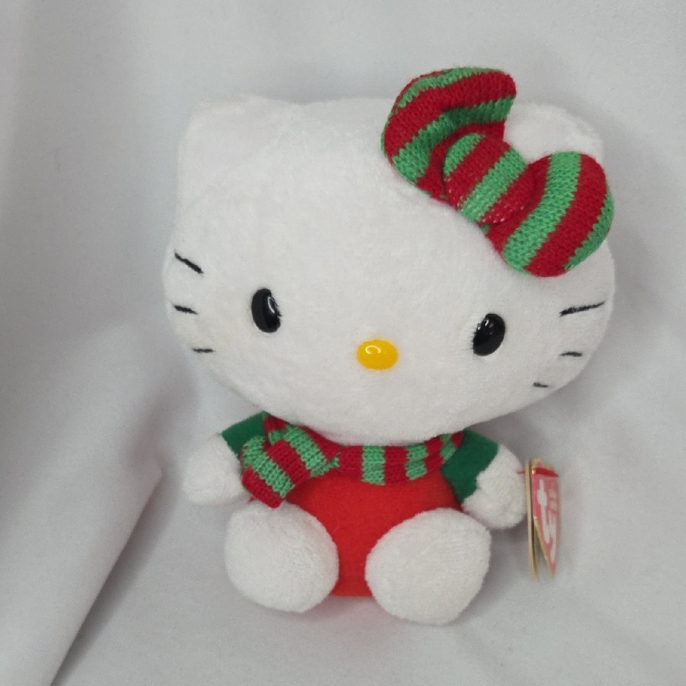 Hello Kitty Christmas Plush Ty Beanie Holiday Festive Sanrio Cat With Hair bow